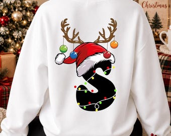 Custom Letter and Number Christmas Sweatshirt, Reindeer Santa Hat Crewneck, Holiday Lights Initial Shirt, Personalized Christmas Sweater