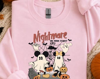 Halloween Ghost Sweatshirt, Cute Mouse Ghost Crewneck, Nightmare on Main Street Shirt, Pink Halloween Sweater, Spooky Season Gift