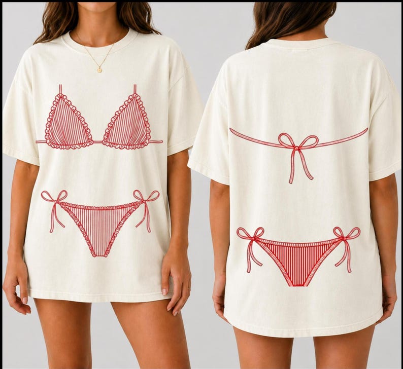 May include: An off-white short-sleeve t-shirt featuring a red line-art graphic of a bikini. The front displays the bikini top and bottom, while the back shows the bikini bottom and the tied strings of the top, all rendered in a simple red outline.