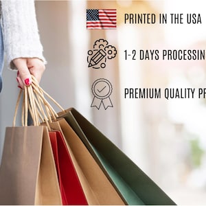 May include: A collection of brown, red, and olive green paper shopping bags with twisted paper handles. Text on the right includes: PRINTED IN THE USA, 1-2 DAYS PROCESSING TIME, and PREMIUM QUALITY PRINT, accompanied by icons of a flag, pencil, and badge.