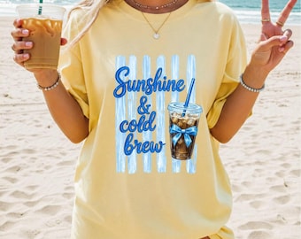 Comfort Colors Sunshine Cold Brew Beach Tee, Summer Iced Coffee Coastal Shirt