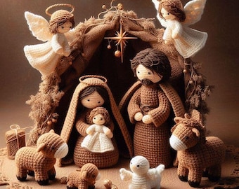 May include: A crochet nativity set featuring figures of Mary, Joseph, and the infant Jesus, accompanied by two angels with white wings and halos, a donkey, a sheep, and a small lamb. A burlap stable structure stands behind the figures with a star.