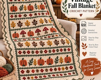 May include: A cream-coloured crochet blanket featuring horizontal bands of orange pumpkins, red mushrooms, yellow leaves, and small red flowers. The blanket has a scalloped edge and includes text that reads Vintage Fall Blanket CROCHET PATTERN.