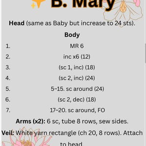 Op de afbeelding: Een haakpatroonblad met de titel "B. Mary" in zwart en goud. De instructies bevatten details voor het hoofd, het lichaam, de armen en de sluier. Decoratieve bloemenillustraties in roze en wit staan op de achtergrond.