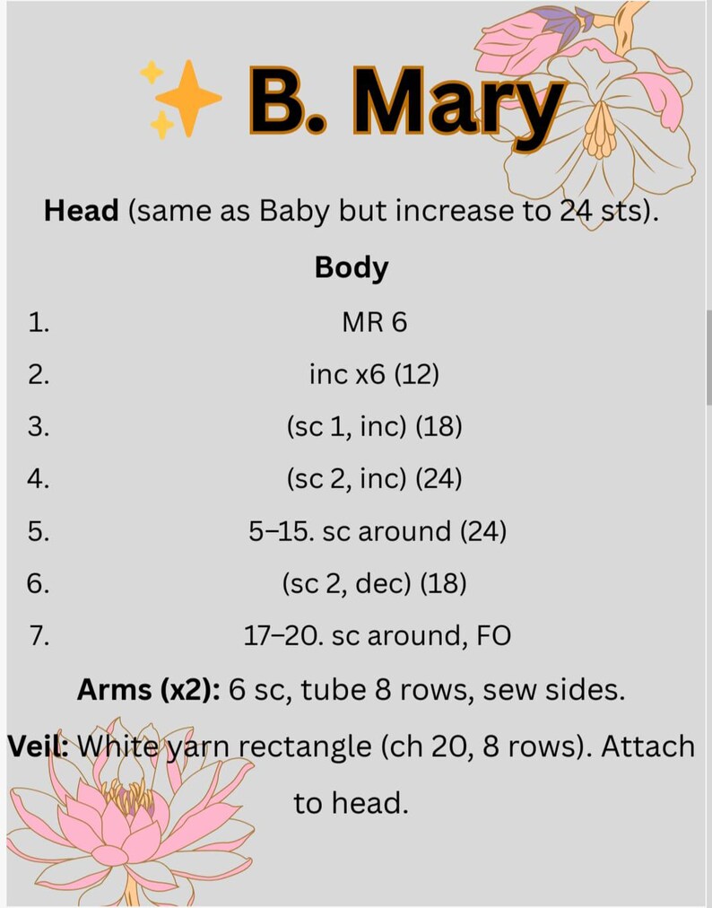 Op de afbeelding: Een haakpatroonblad met de titel "B. Mary" in zwart en goud. De instructies bevatten details voor het hoofd, het lichaam, de armen en de sluier. Decoratieve bloemenillustraties in roze en wit staan op de achtergrond.