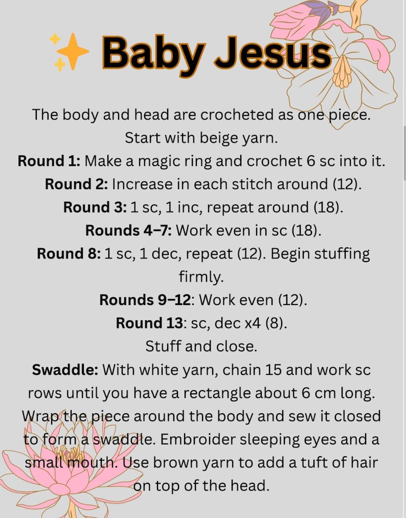 Op de afbeelding: Een haakpatroon voor een Baby Jezus pop. De tekst bevat instructies voor het haken van het lichaam, het hoofd en de wikkel, met behulp van beige en wit garen. Het patroon beschrijft rondes, vermeerderingen, verminderingen en vulling.