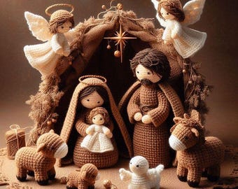 May include: A crocheted nativity scene featuring Mary, Joseph, baby Jesus, angels, and animals. The figures are in shades of brown, beige, and white, with halos and wings. The scene is set under a rustic shelter with a star.