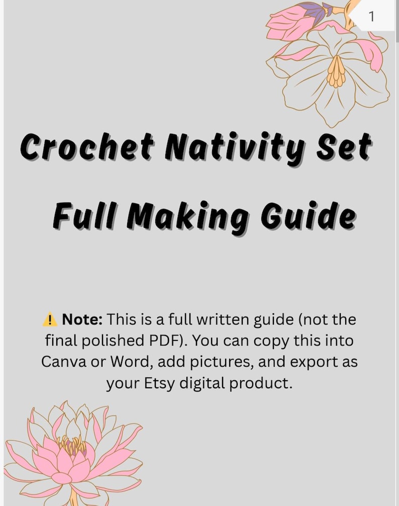Op de afbeelding: Een digitale gids voor een Crochet Nativity Set, met de tekst "Crochet Nativity Set Full Making Guide". De gids bevat instructies om te kopi&euml;ren naar Canva of Word. Bloemenillustraties in roze en wit sieren de hoeken.