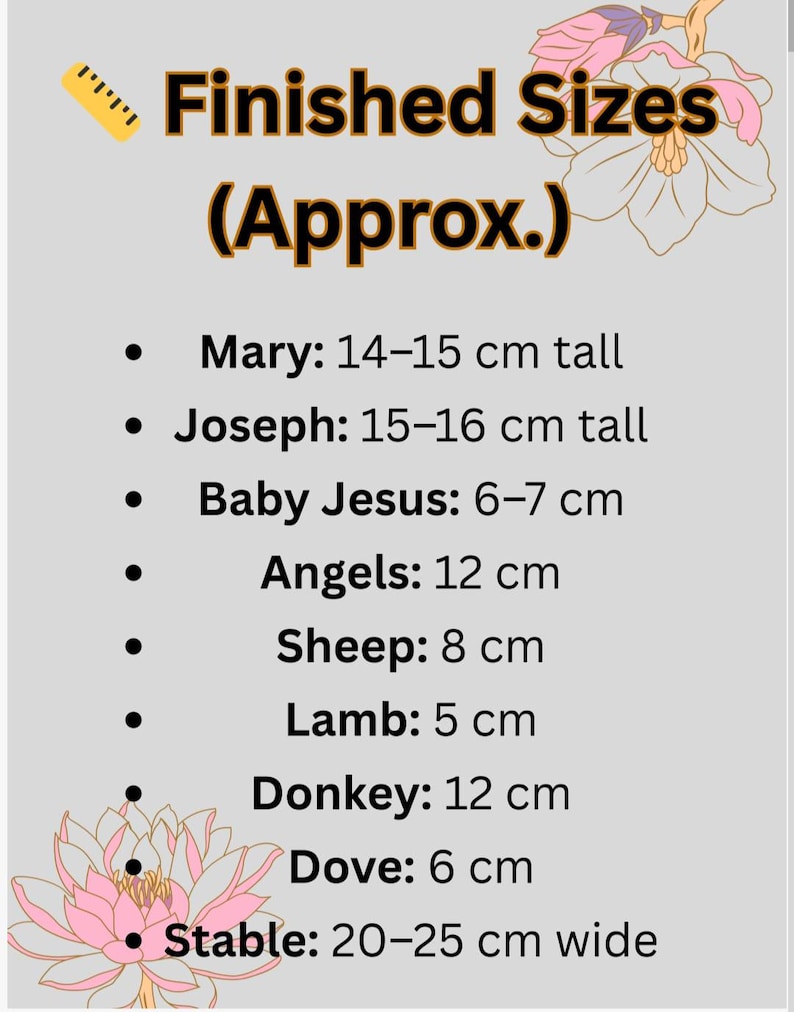Op de afbeelding: Lichtgrijze afbeelding met de tekst "Finished Sizes (Approx.)" en afmetingen in centimeters voor Maria, Jozef, Baby Jezus, Engelen, Schaap, Lam, Ezel, Duif en Stal. Bevat bloemenillustraties.