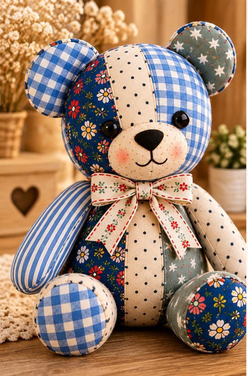 May include: A patchwork teddy bear constructed from various fabric patterns including blue gingham, floral prints, polka dots, and star motifs. The bear features black button eyes, a stitched nose and mouth, pink cheeks, and a decorative bow at the neck.