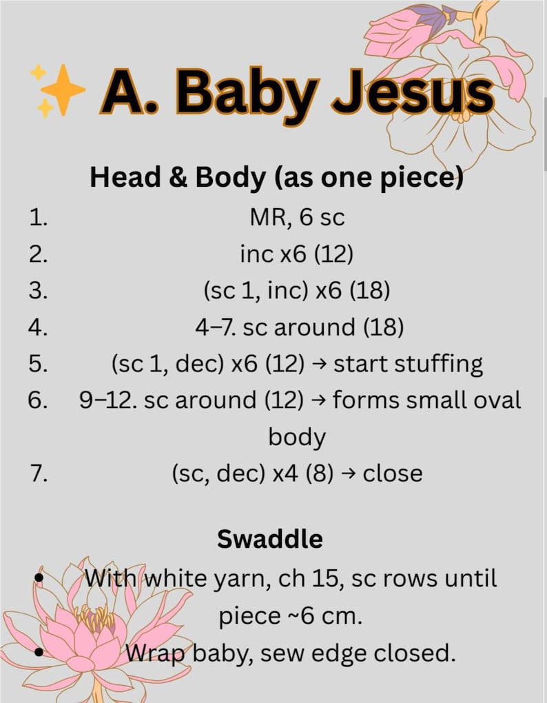 Op de afbeelding: Een haakpatroon voor een baby Jezus pop. De instructies omvatten hoofd, lichaam en wikkel, met afmetingen in cm. De tekst is in zwarte letters op een lichtgrijze achtergrond, met decoratieve bloemelementen.