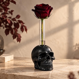 Könnte beinhalten: Eine mattschwarze, schädelförmige Skulptur mit einem zylindrischen Glasröhrchen an der Oberseite. Eine einzelne dunkelrote Rose mit grünem Stiel steckt in dem Glasröhrchen und ragt aus der Mitte des Schädels nach oben heraus.