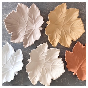 Puede incluir: Conjunto de platos decorativos con forma de hoja en varios colores, como blanco, beige y naranja. Los platos tienen patrones de venas detallados y están dispuestos sobre una superficie gris. Estos platos de cerámica son ideales para servir aperitivos o como elementos decorativos.