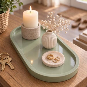 May include: An oval sage green tray holding a cylindrical stone candle holder with a white pillar candle, a small ribbed white vase containing dried baby's breath flowers, and a round stone dish displaying two gold rings.