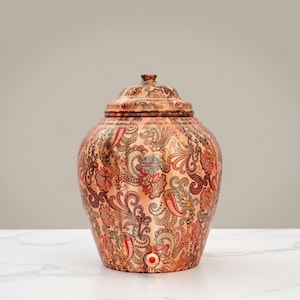 Handgemaakte puur koperen waterpot 10L | Ayurvedisch koperen voorraadvat | Designer perzik bedrukte matka | Gezondheidsvoordelen Drinkwaterkruik