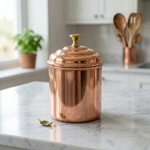 Peut inclure: Un récipient en cuivre avec un couvercle et un bouton doré. Le récipient cylindrique est posé sur un comptoir blanc. La cuisine comprend des ustensiles en bois et une plante en pot.