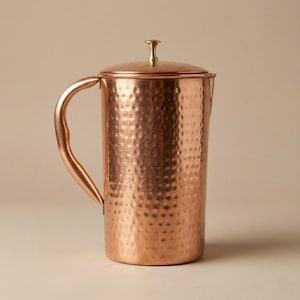 Pure Copper Water Pitcher with Lid & Cup: Brushed Indian Design | Ayurvedic| Eco Friendly
