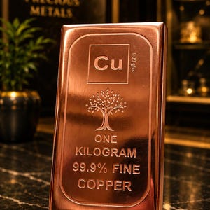 Könnte beinhalten: Kupferbarren mit dem chemischen Symbol Cu, einem Baumdesign und dem Text "ONE KILOGRAM 99,9% FINE COPPER". Der Barren hat eine rotbraune Farbe und wird vor einem unscharfen Hintergrund präsentiert.