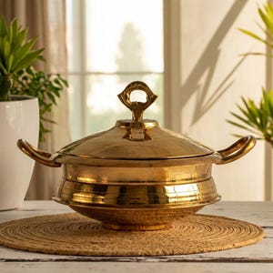 Può includere: Un piatto da portata color oro con coperchio e manici. Il piatto rotondo ha un bordo decorativo e poggia su un sottobicchiere intrecciato. Il coperchio ha una maniglia unica. Lo sfondo comprende piante e una finestra.