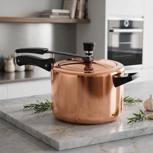 Puede incluir: Una olla a presión de color cobre con asas negras y una válvula de presión negra. La olla está sobre una encimera de mármol con ramitas de romero y un diente de ajo.
