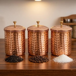 Pojemnik z czystej, litej miedzi w stylu vintage | Ręcznie robione pokrywki z gałką z mosiądzu | Hermetyczne słoiki do przechowywania w kuchni