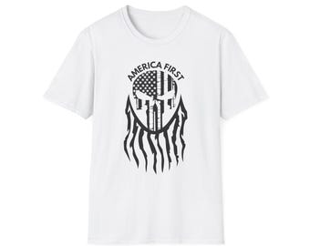 America First Skull Graphic Tee - Distressed Flag, MAGA Cotton Crewneck