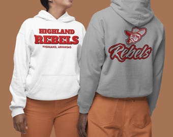 Highland Rebels Hoodie - Front & Back Designs | 5 Colors S-5XL | Highland, Arkansas Vintage Sports Sweatshirt