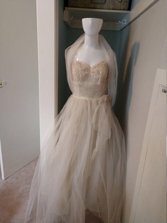 Mint 1950s white tulle prom gown