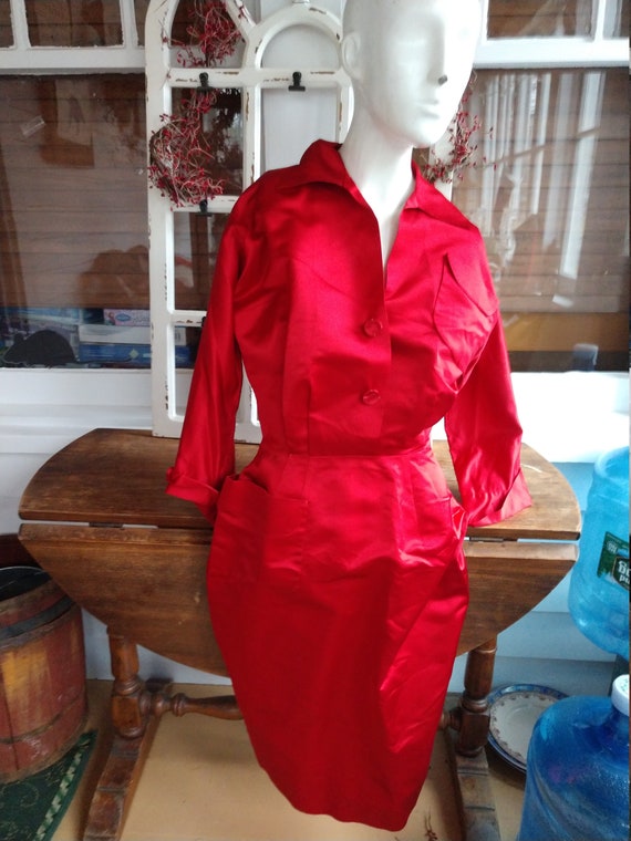 Vintage 50s red satin wiggle shirt dress