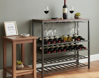Freestanding Wine Rack with Glass Holder – Modern Wood & Metal Wine Storage Shelf for Home Bar, Entryway or Man Cave