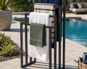 Pool Towel Rack Outdoor Stand, Freestanding Towel Drying Rack for Poolside Patio, Modern Metal Spa Towel Storage