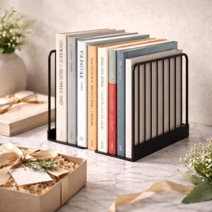 Black metal bookend for shelves, modern minimalist book lover gift holding hardcover novels, stylish steel bookend for home library, bookshelf decor, reader gift, contemporary interior styling