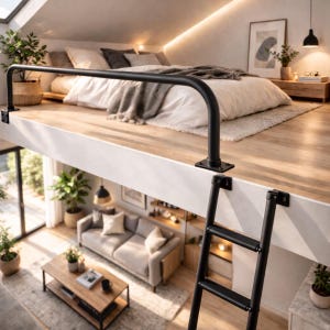 May include: A modern loft bedroom with a black metal railing and ladder. The bedroom features a bed with white bedding, a grey throw blanket, and decorative pillows. The lower level has a living room with a sofa, coffee table, and plants.