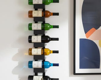 Botellero moderno de pared de metal / Soporte vertical para 5 botellas / Almacenamiento de vino minimalista negro / Decoración para bar o cocina / Ideal para organizar el hogar