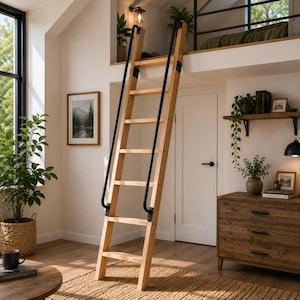 Könnte beinhalten: Eine Dachbodenleiter aus Holz mit schwarzen Metallhandläufen auf beiden Seiten, die an einer weißen Wand steht und zu einer oberen Ebene führt. Die Leiter hat sechs horizontale Sprossen und besteht aus hellem Holz mit natürlicher Maserung.