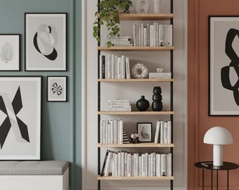 Libreria a parete, libreria a scala industriale moderna, mensola a parete in metallo e legno, contenitore salvaspazio per libri per soggiorno o ufficio