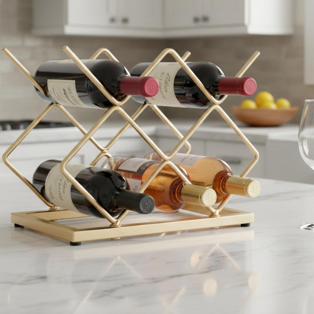 Modern Gold Metal Wine Rack, 5 Bottle Countertop Display, Geometric ...