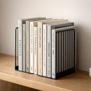 Black metal bookend for shelves, modern minimalist book lover gift holding hardcover novels, stylish steel bookend for home library, bookshelf decor, reader gift, contemporary interior styling