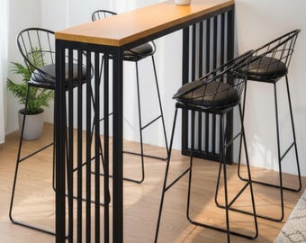 Rustic Narrow Bar Table – Wood Top, Black Steel Frame, Customizable