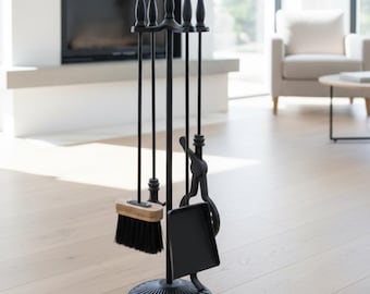 Iron Fireplace Tool Set Black – 4-Piece Hearth Tools with Stand, Fireplace Shovel Tongs Brush Poker