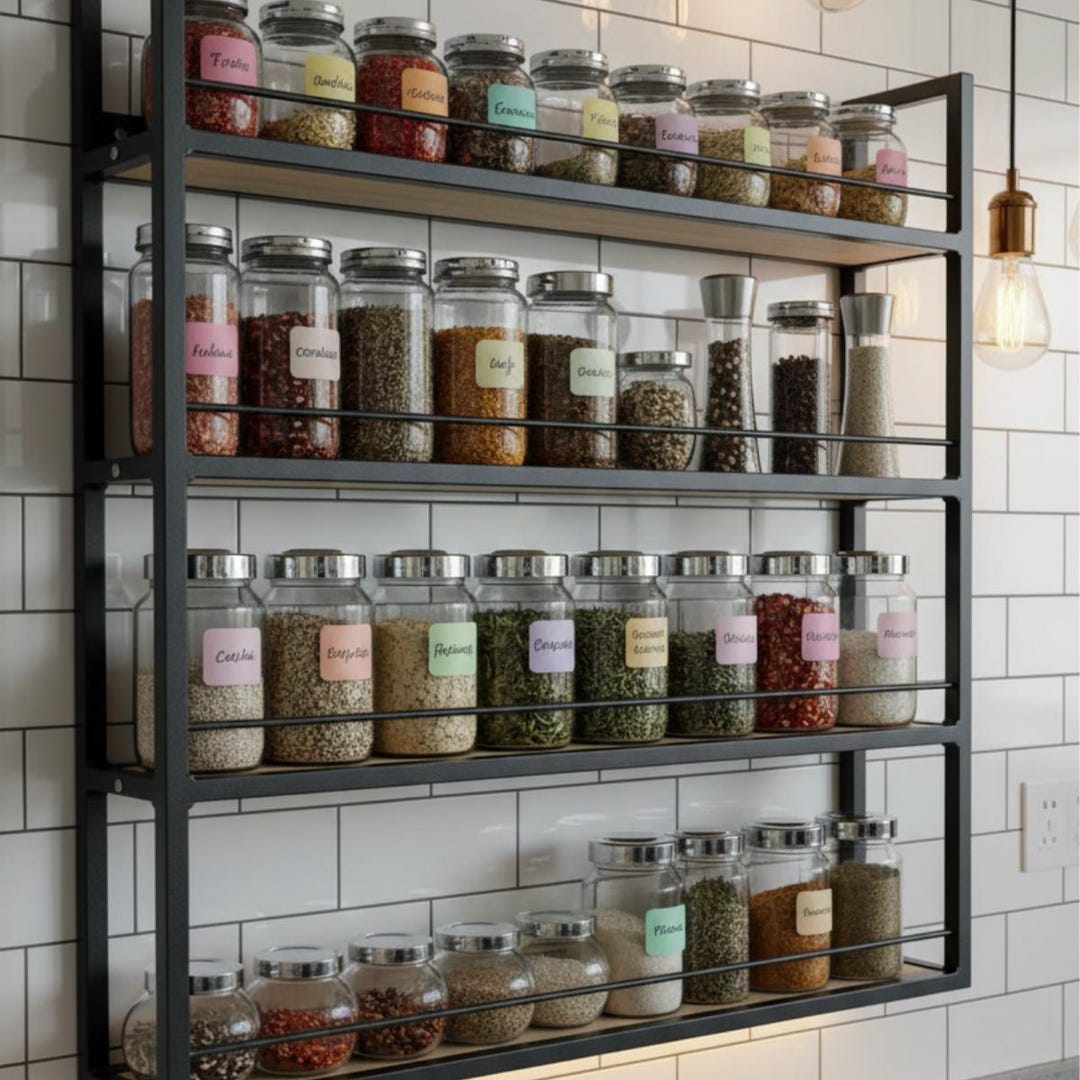 Farmhouse Matte Black Metal Spice Rack | Wall Mounted Kitchen Organizer ...