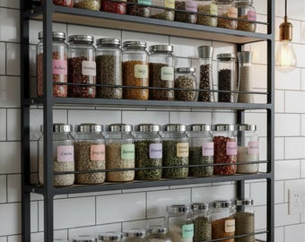 Farmhouse Matte Black Metal Spice Rack | Wall Mounted Kitchen Organizer