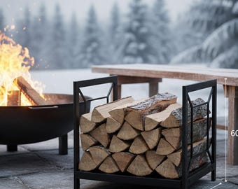 Modern Black Steel Firewood Rack, Indoor Outdoor Log Holder