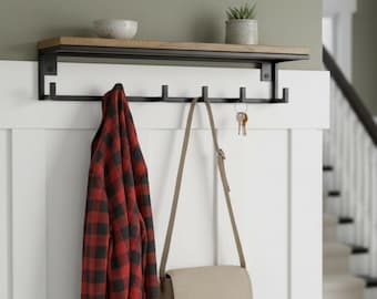 Appendiabiti da parete con ripiano, moderno organizer per ingresso, ganci appendiabiti in legno e metallo per riporre oggetti in corridoio e ripostiglio, arredamento minimalista per la casa