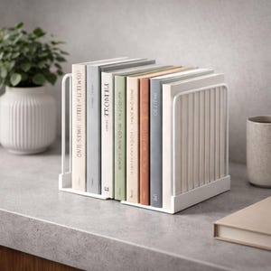 May include: A white metal book organizer holding a collection of books with various colored spines. The books are arranged neatly, with titles visible. A decorative vase and a mug are in the background.