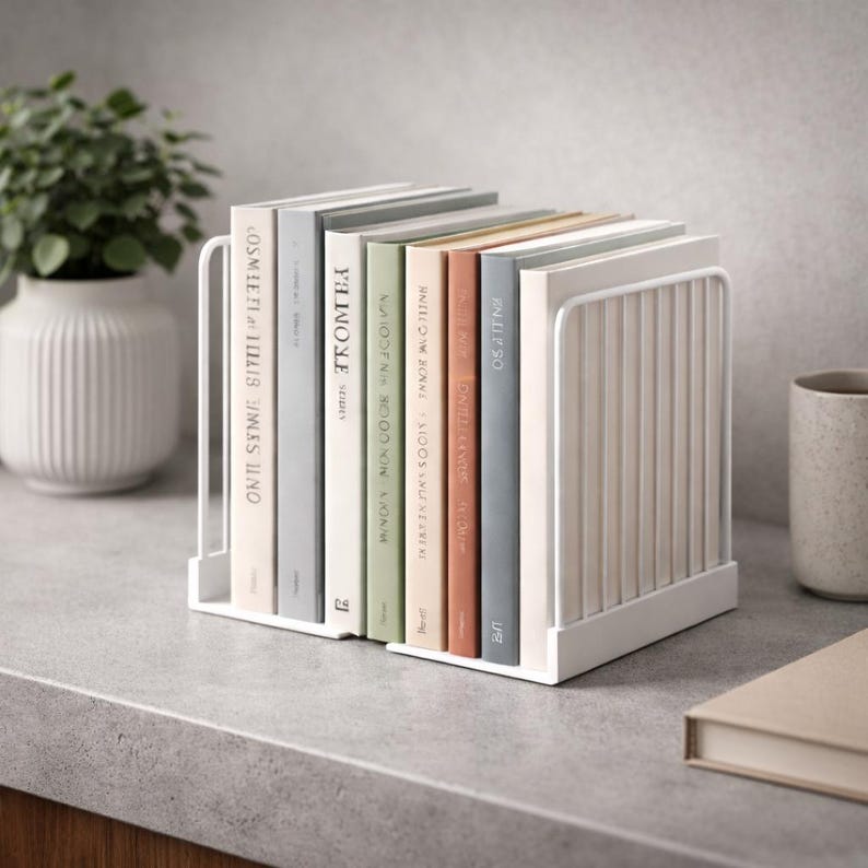 May include: A white metal book organizer holding a collection of books with various colored spines. The books are arranged neatly, with titles visible. A decorative vase and a mug are in the background.