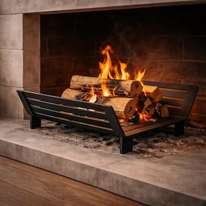 Puede incluir: Un soporte de leña para chimenea de metal negro lleno de leña ardiendo. Las llamas son de color naranja brillante y amarillo sobre el fondo oscuro de la chimenea. El soporte es rectangular con un diseño de listones.