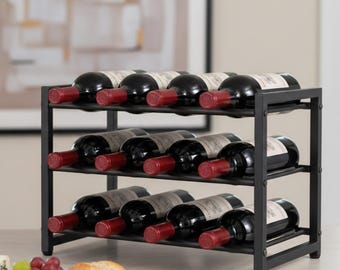 Modern Black Metal 12-Bottle Wine Rack | Countertop Storage