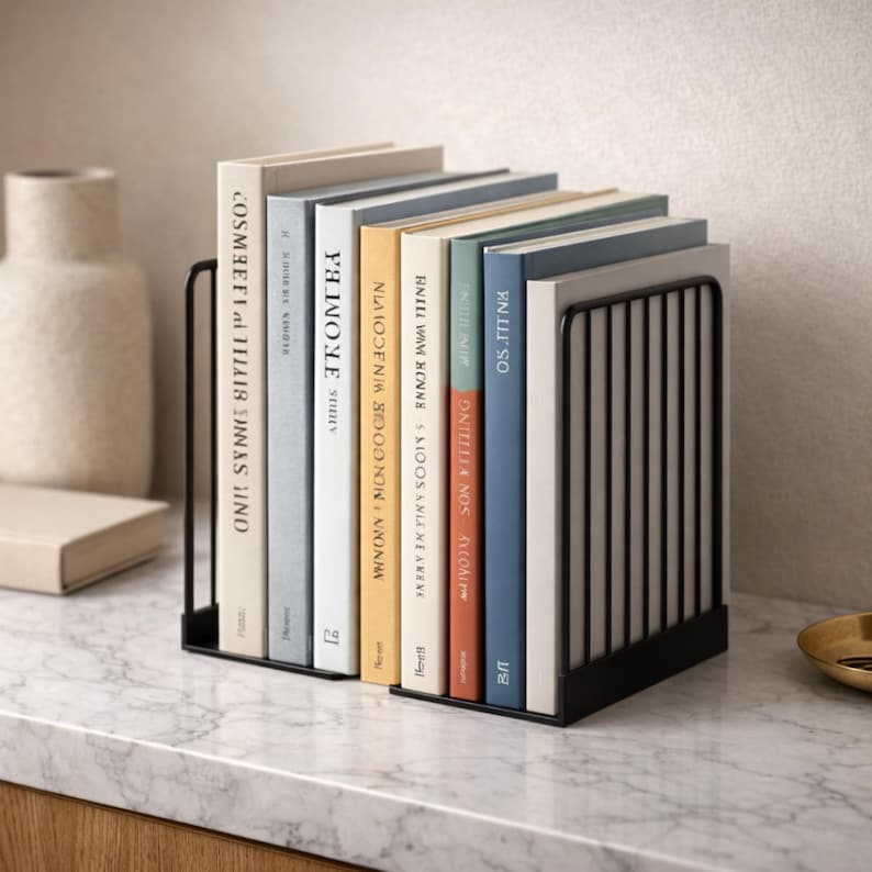 Black metal bookend for shelves, modern minimalist book lover gift holding hardcover novels, stylish steel bookend for home library, bookshelf decor, reader gift, contemporary interior styling