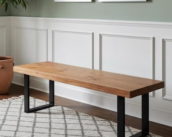Solid Wood Entryway Bench – Modern Hallway Bench with Black Metal Legs, Minimalist Wooden Bench for Entryway or Mudroom